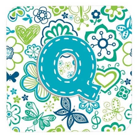 Carolines Treasures Letter Q Flowers And Butterflies Teal Blue Foam Coasters- Set of 4 CJ2006-QFC